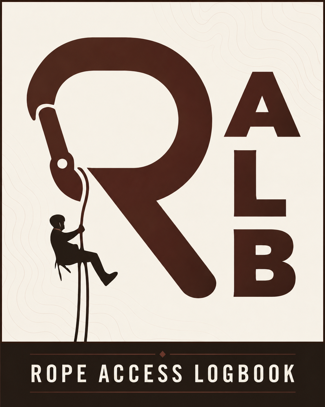 Rope Access Logbook poster: a technician rappelling from a carabiner shaped like the letter R.